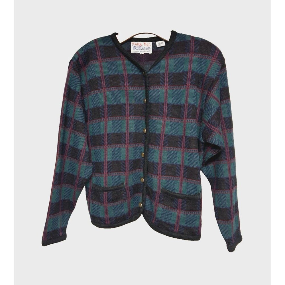 Vintage Tally-Ho Green Blue Red Plaid Knit Cardigan Gold Buttons Women's Size L